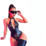 Body sexy din dantelă și piele ecologică cu guler - imagine 2