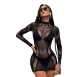 Rochie Mini Neagră Plasă Transparentă Elegantă Pentru Club și Plajă