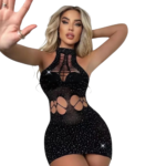 Rochie Mini Neagră Elastică Cu Strasuri Decupaje Sexy Pentru Club