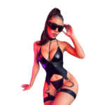 Set body negru lucios cu lanțuri și design futurist sexy - imagine 2