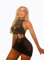 Rochie Mini Neagră Elastică Cu Strasuri Decupaje Sexy Pentru Club - imagine 2