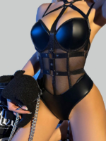 Body senzual negru cu hamuri decorative și inserții transparente - imagine 2